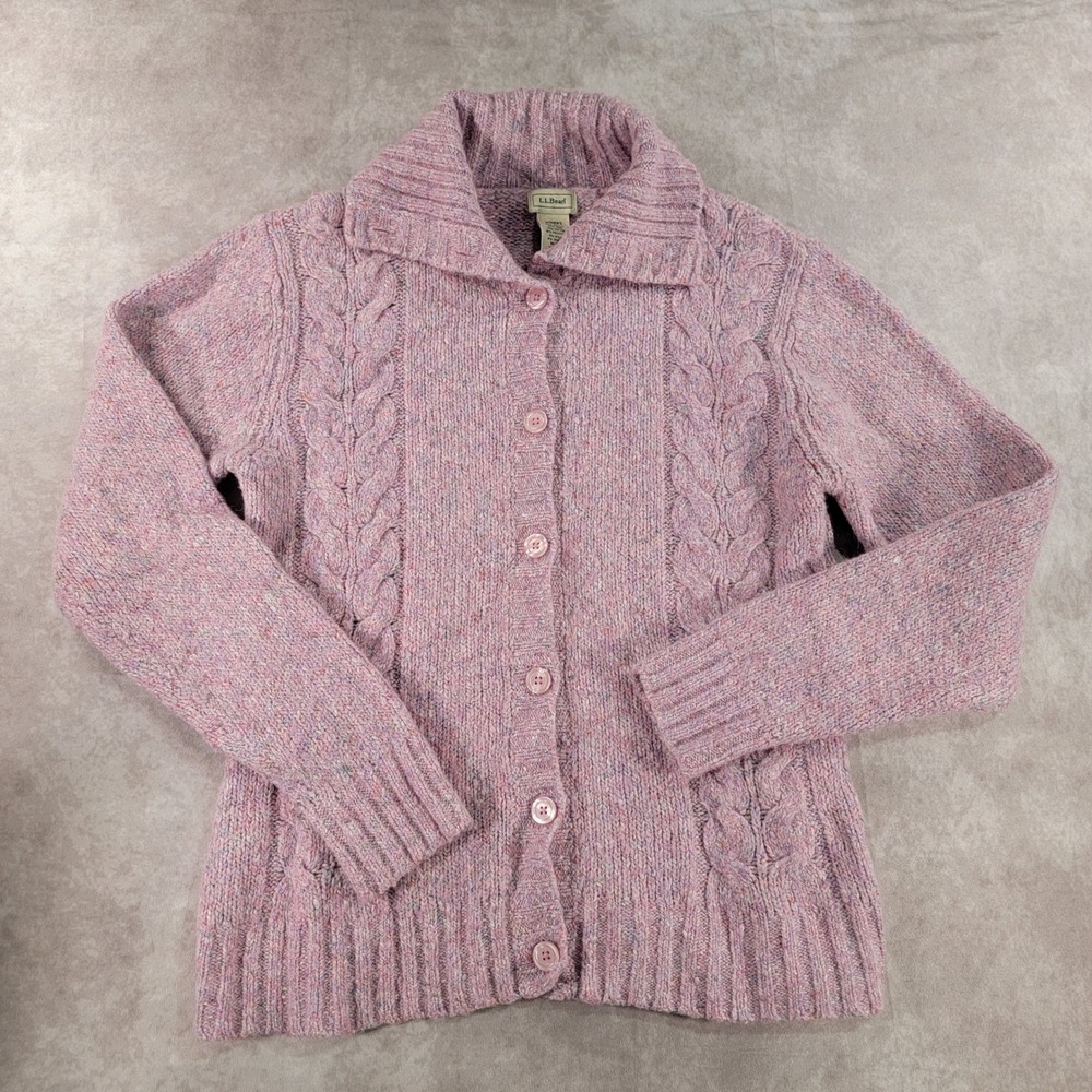LL Bean Womens Pink Marl Cable Knit Wool Blend Button Front Cardigan Sweater M - Picture 2 of 7